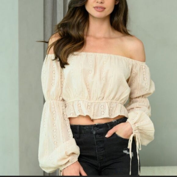 NWT Hyfve Top Off Shoulder Eyelet Lace Crop Long Balloon Sleeve Beige Color - Picture 1 of 7